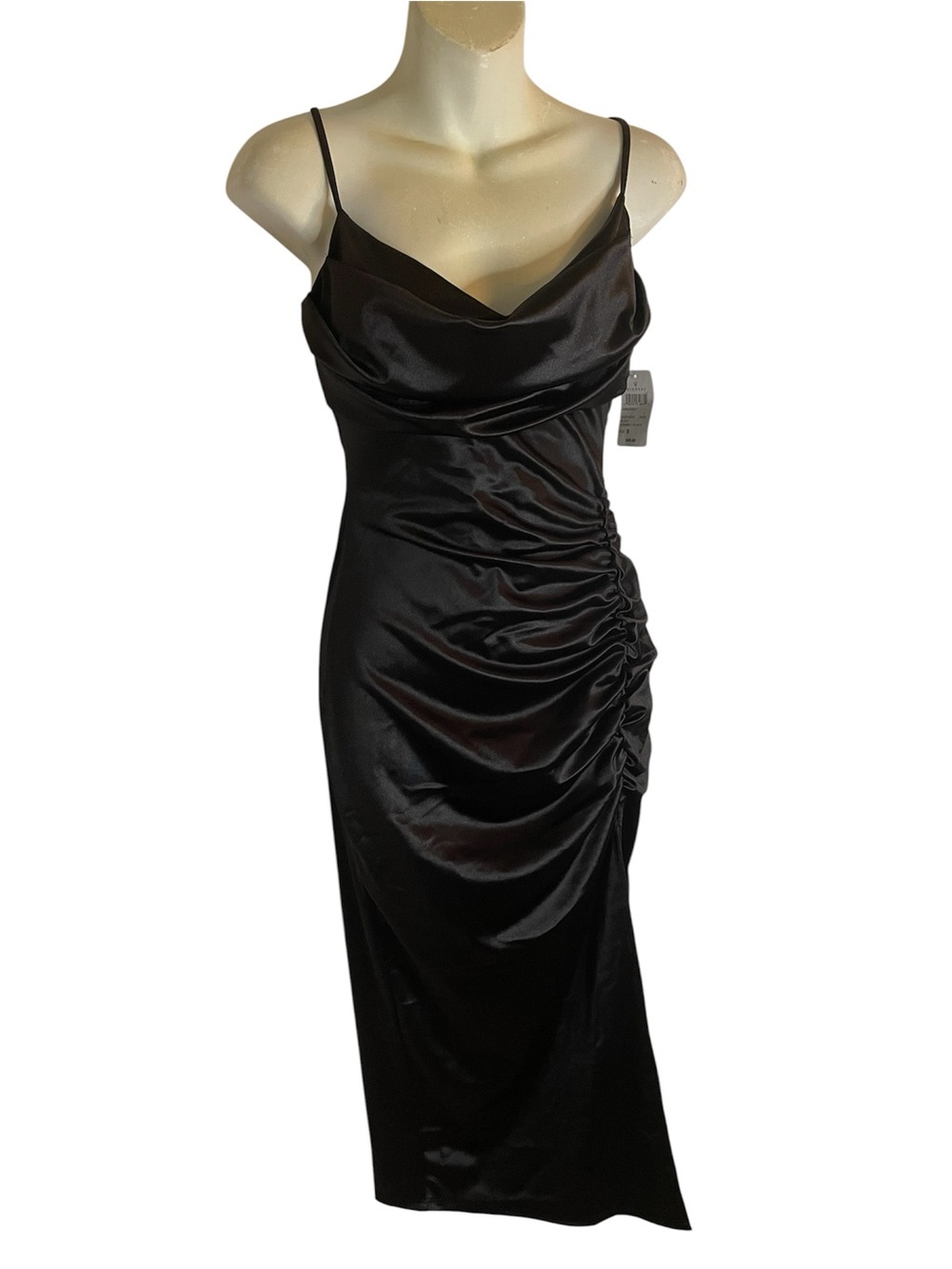 Windsor Black Satin Fitted Ruched Midi slip Dress Size Small